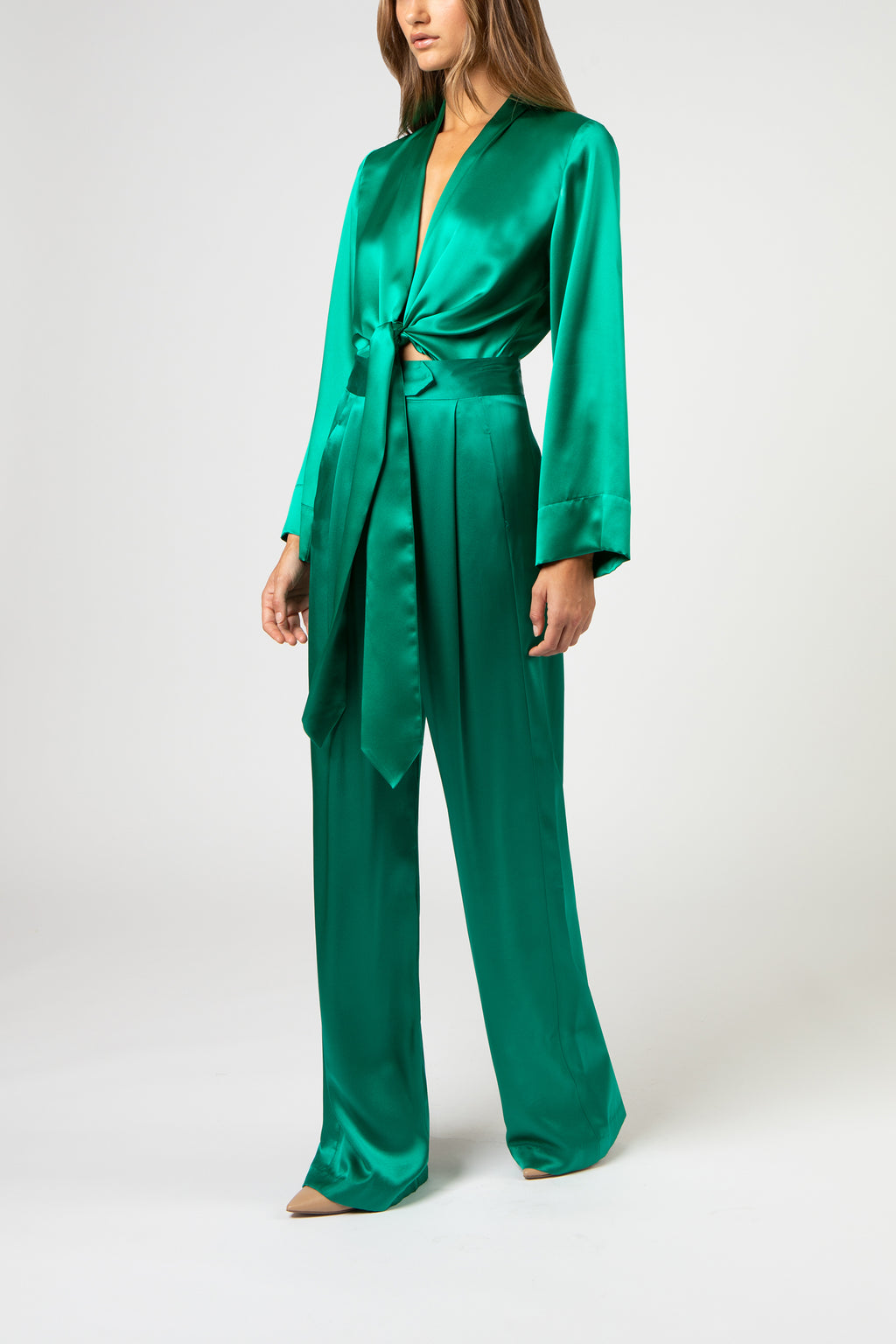L/s kimono blouse with ties - emerald – Michelle Mason