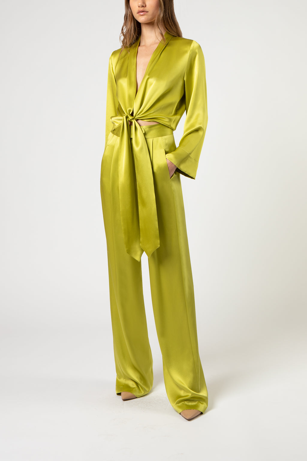 L/s kimono blouse with ties - chartreuse – Michelle Mason