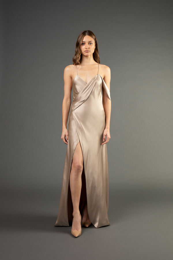 Strappy wrap gown with cowl - champagne