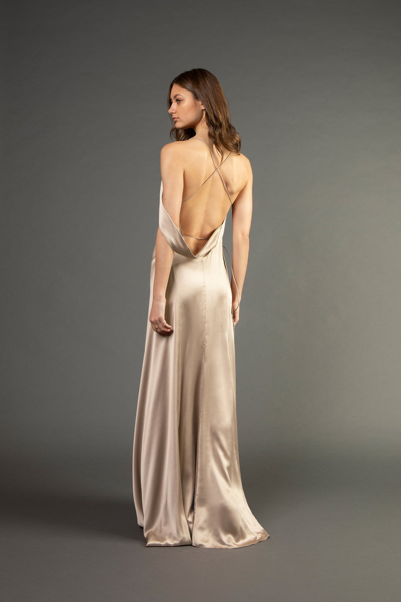 Strappy wrap gown with cowl - champagne Michelle Mason Strappy wrap gown with cowl - champagne Michelle Mason