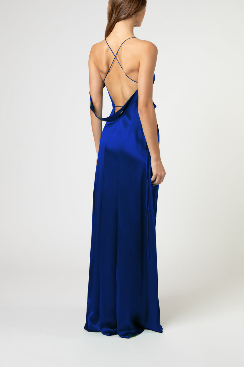 Strappy wrap gown with cowl - cobalt
