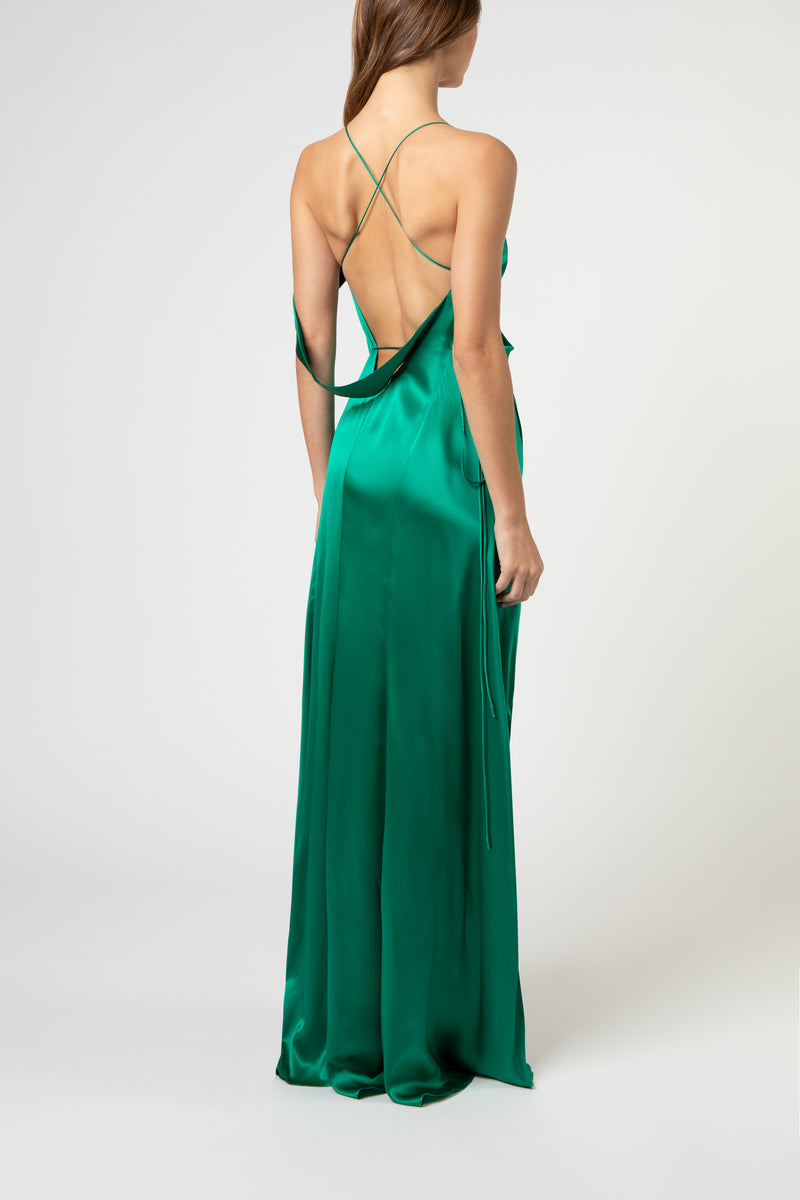 Strappy wrap gown with cowl - emerald
