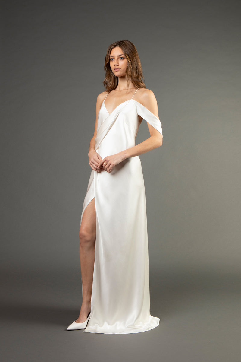 Strappy wrap gown with cowl - ivory Michelle Mason Strappy wrap gown with cowl - ivory Michelle Mason