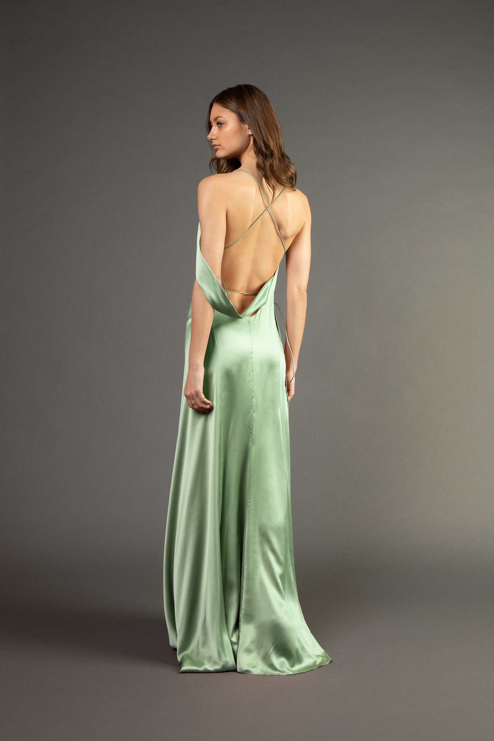 Strappy wrap gown with cowl