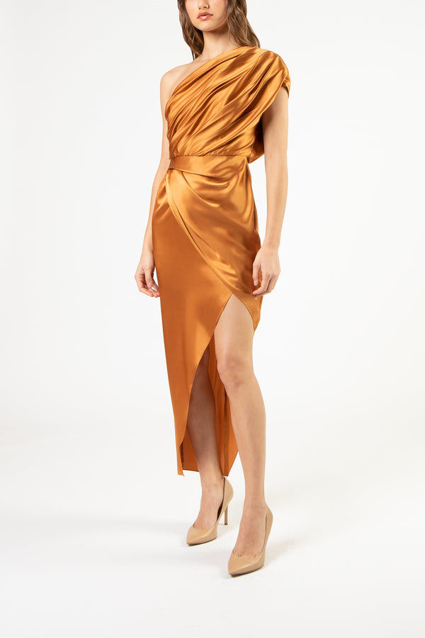 Asymmetrical open back draped midi dress - copper