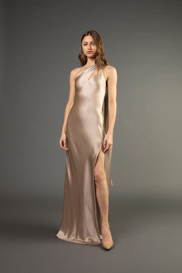 One shoulder gown with tie - champagne