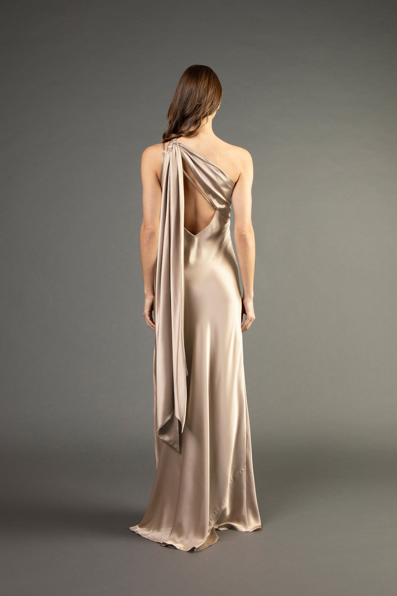 One shoulder gown with tie - champagne