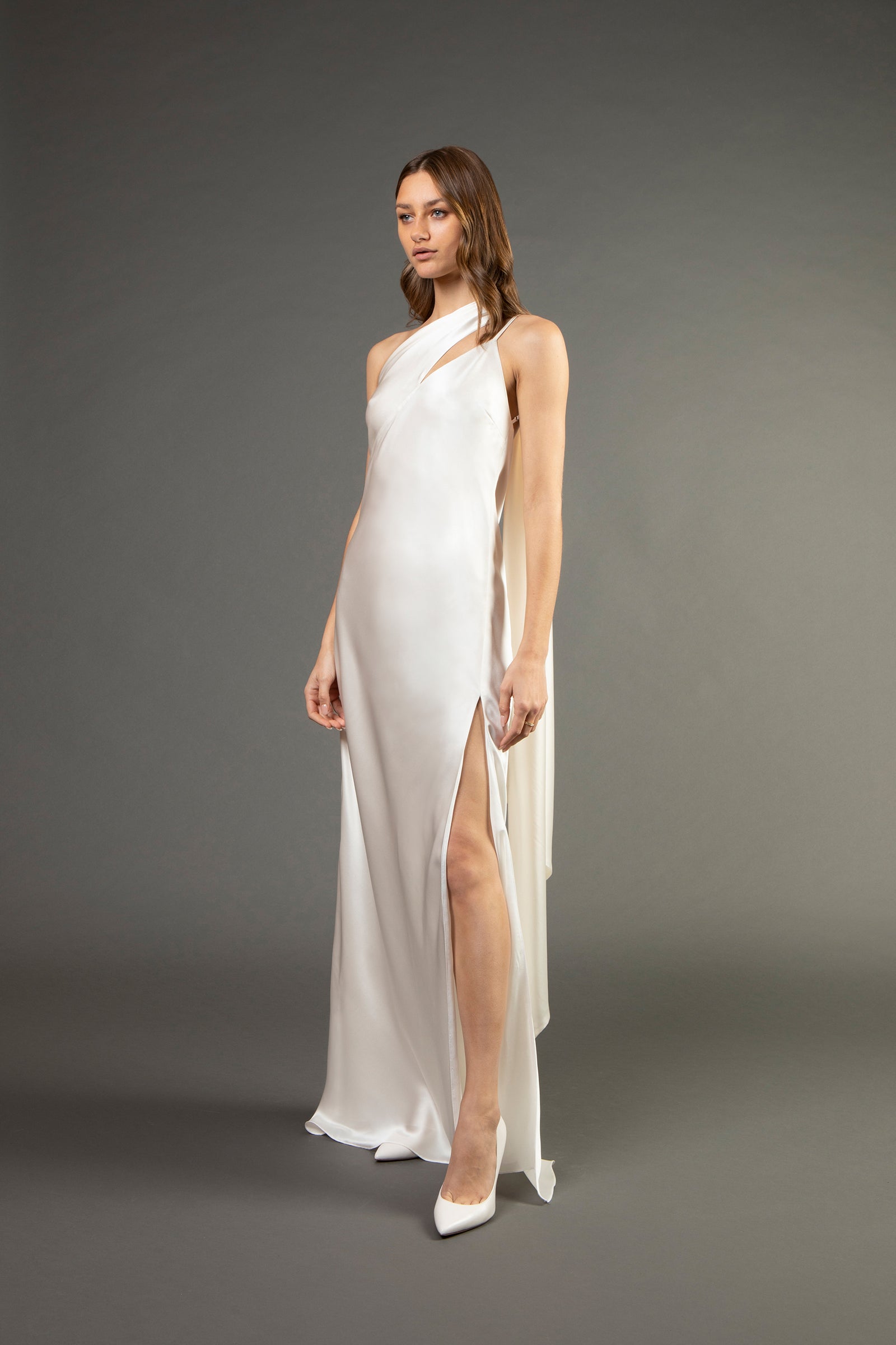 One shoulder gown with tie
