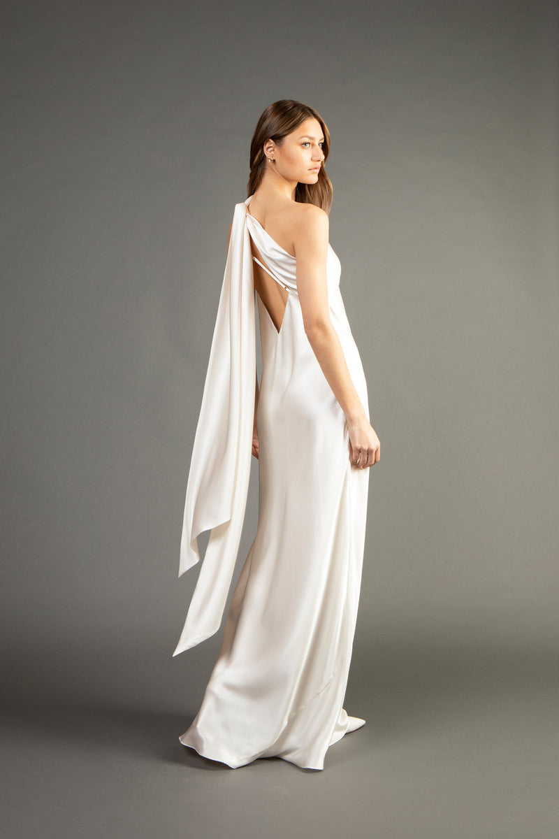 One shoulder gown with tie ivory