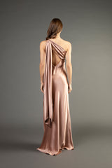 One shoulder gown with tie - blush