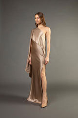 Asymmetrical gown with cape - champagne (preorder)