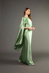 Asymmetrical gown with cape - sage (preorder)