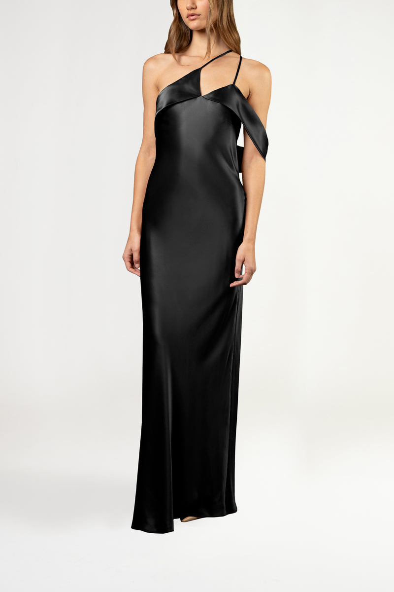 black satin dress with split Black Satin Split Gown | Off Shoulder | Train