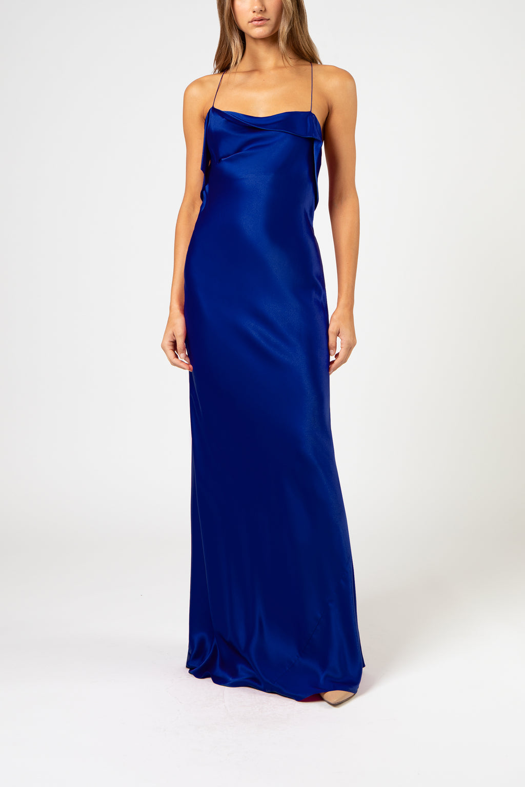 Ruffle cowl bias gown - cobalt – Michelle Mason