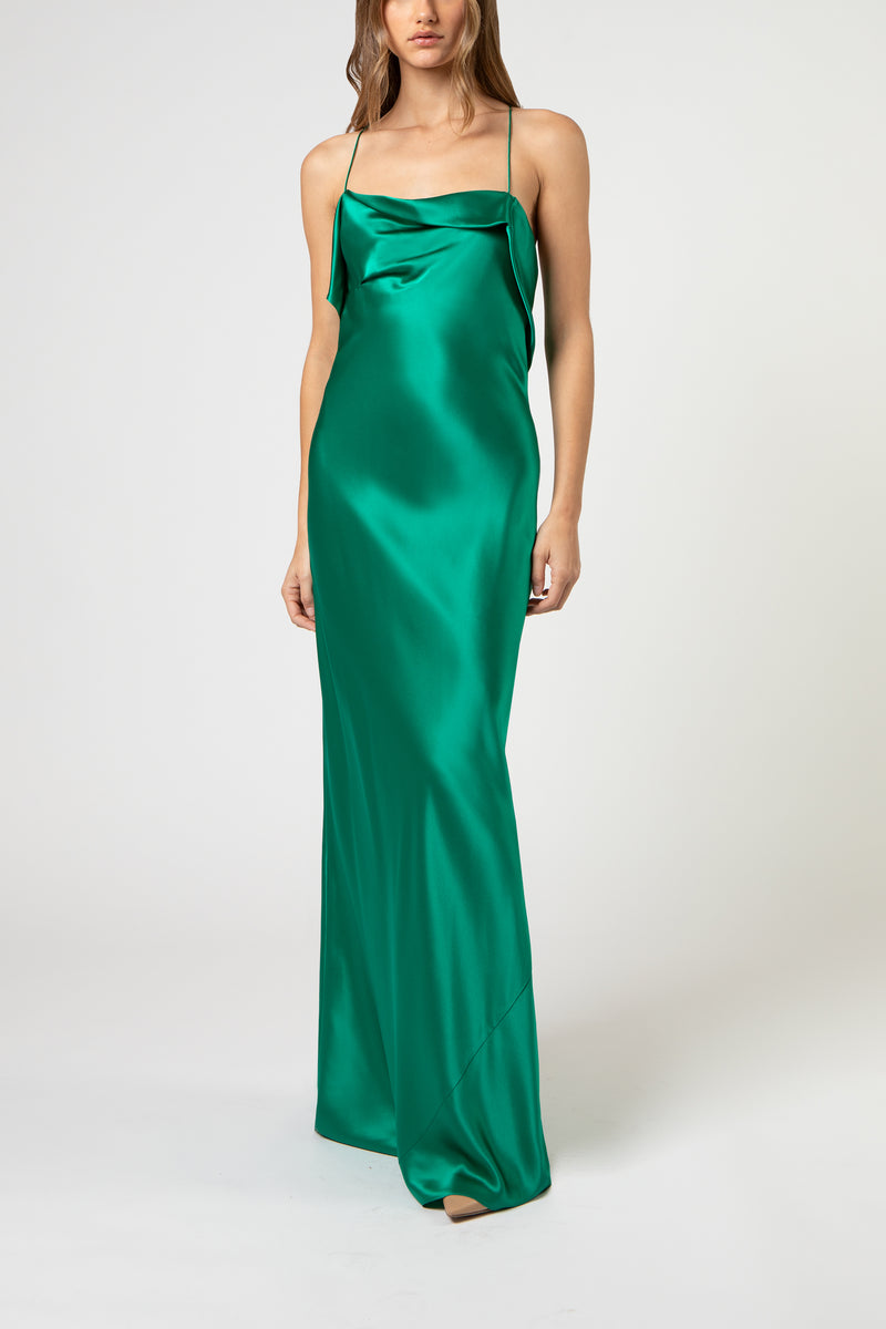 Ruffle cowl bias gown - emerald