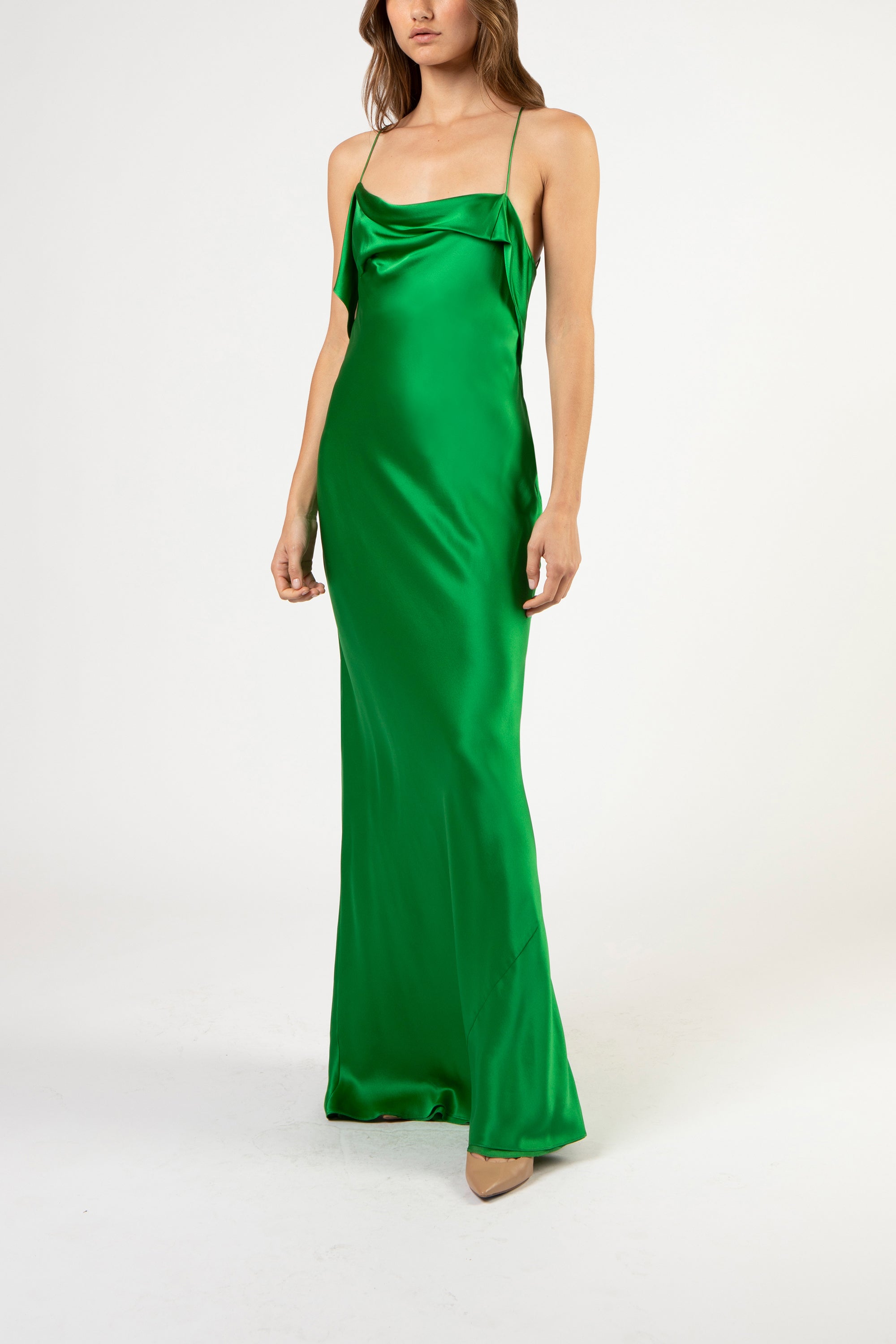 Ruffle cowl bias gown - green – Michelle Mason