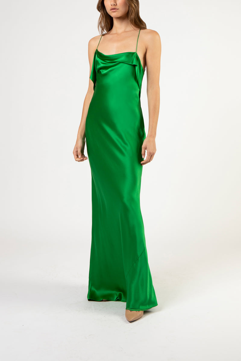 Ruffle cowl bias gown - green