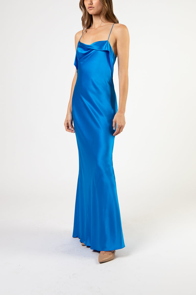 Ruffle cowl bias gown - azure – Michelle Mason