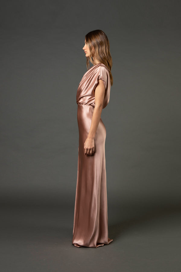 Asymmetrical open back draped gown - blush