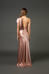 Asymmetrical open back draped gown - blush