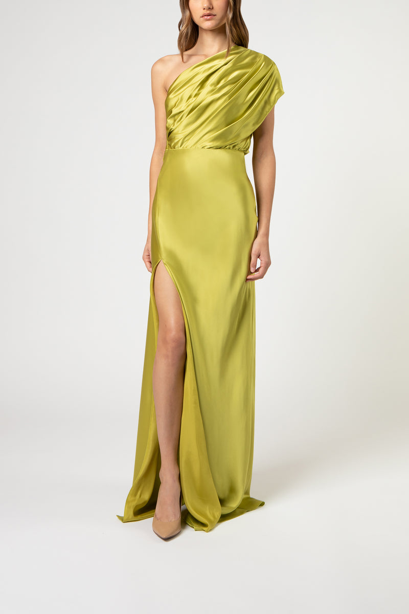 Asymmetrical open back draped gown - chartreuse