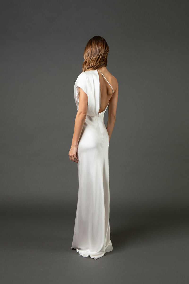 Asymmetrical open back draped gown - ivory Michelle Mason Asymmetrical open back draped gown - ivory Michelle Mason