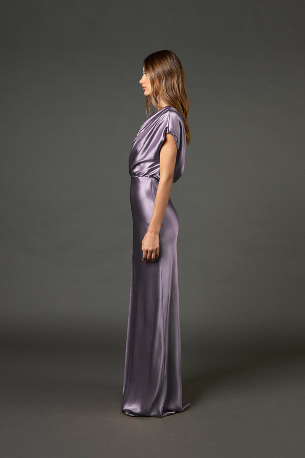 Asymmetrical open back draped gown - mauve