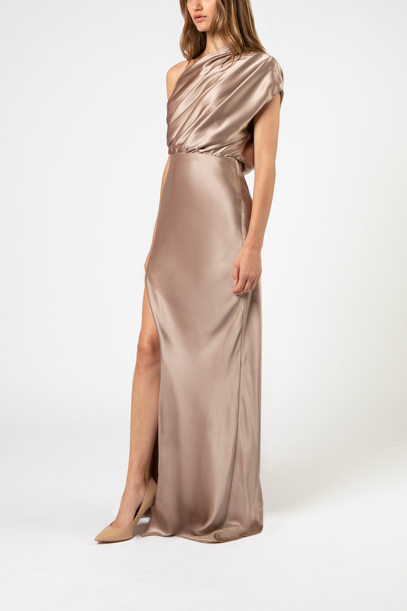 Asymmetrical open back draped gown - putty