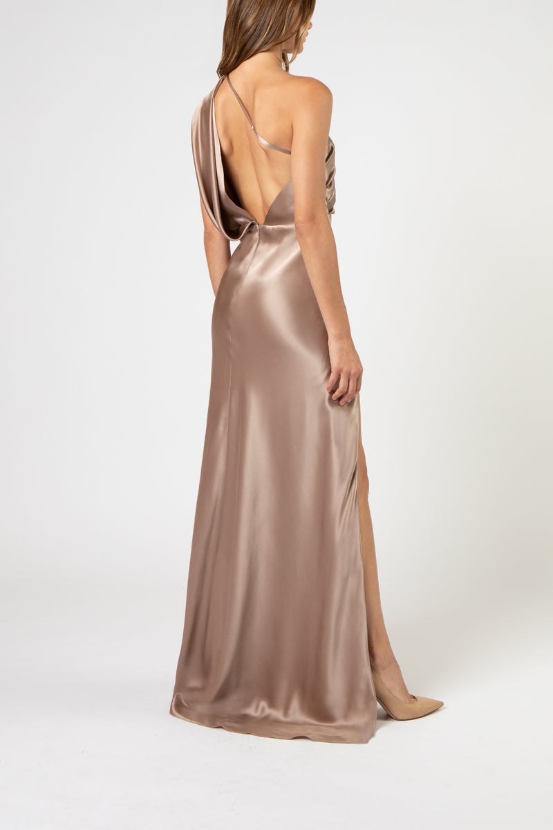 Asymmetrical open back draped gown - putty