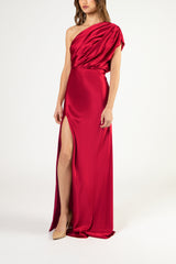 Asymmetrical open back draped gown - ruby