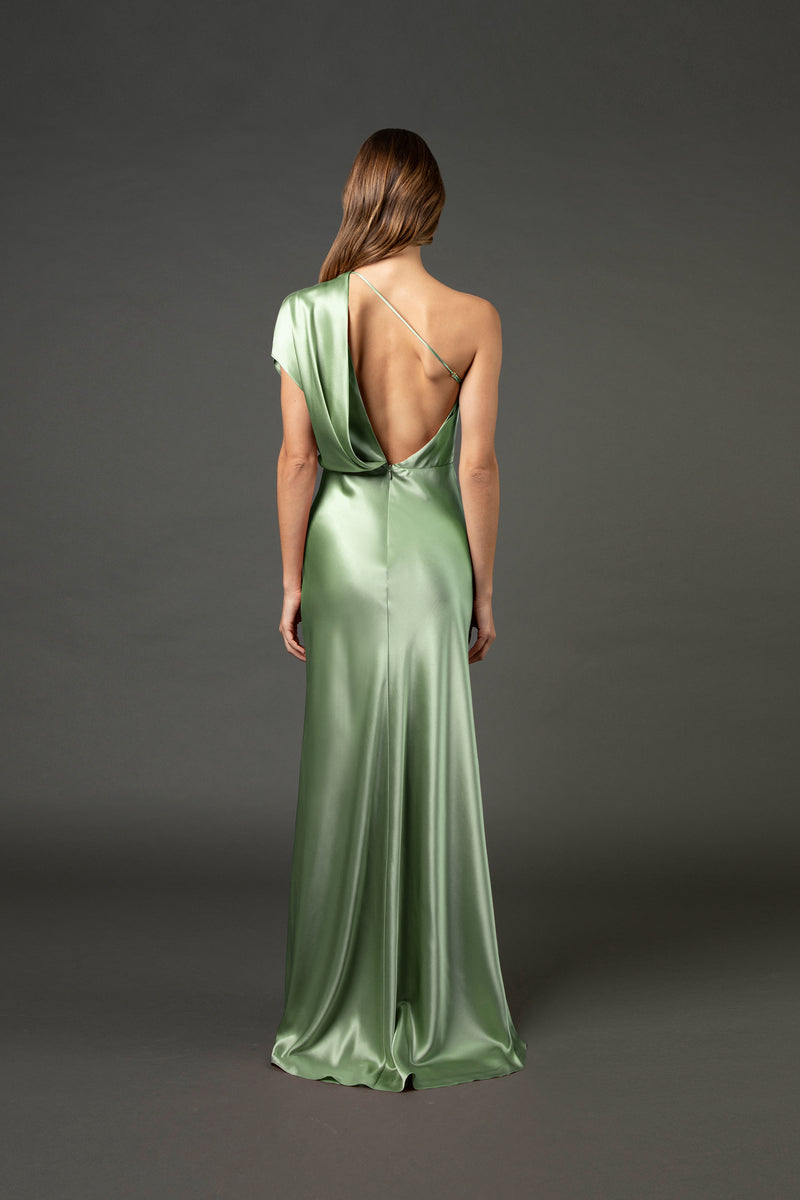 Asymmetrical open back draped gown - sage