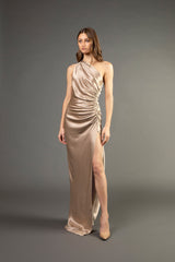 Asymmetrical gathered gown - champagne