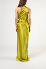 Asymmetrical gathered gown - chartreuse