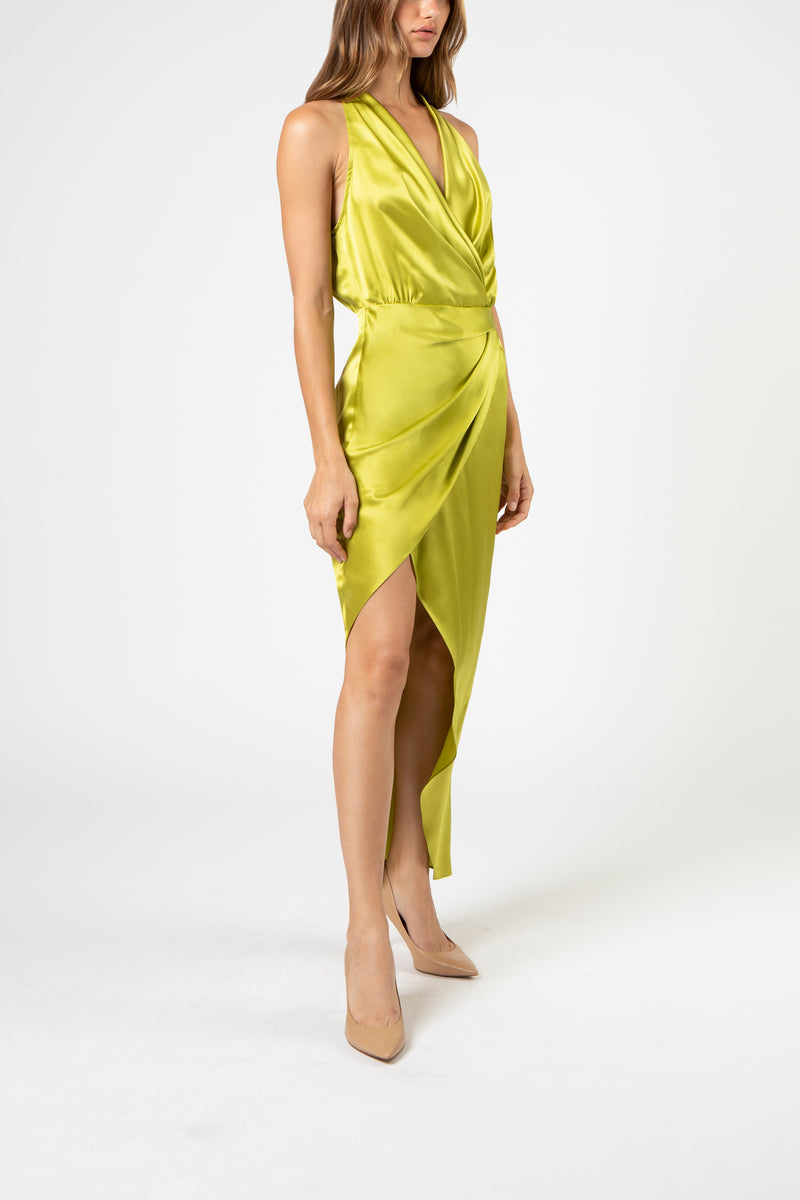 Halter draped dress - chartreuse