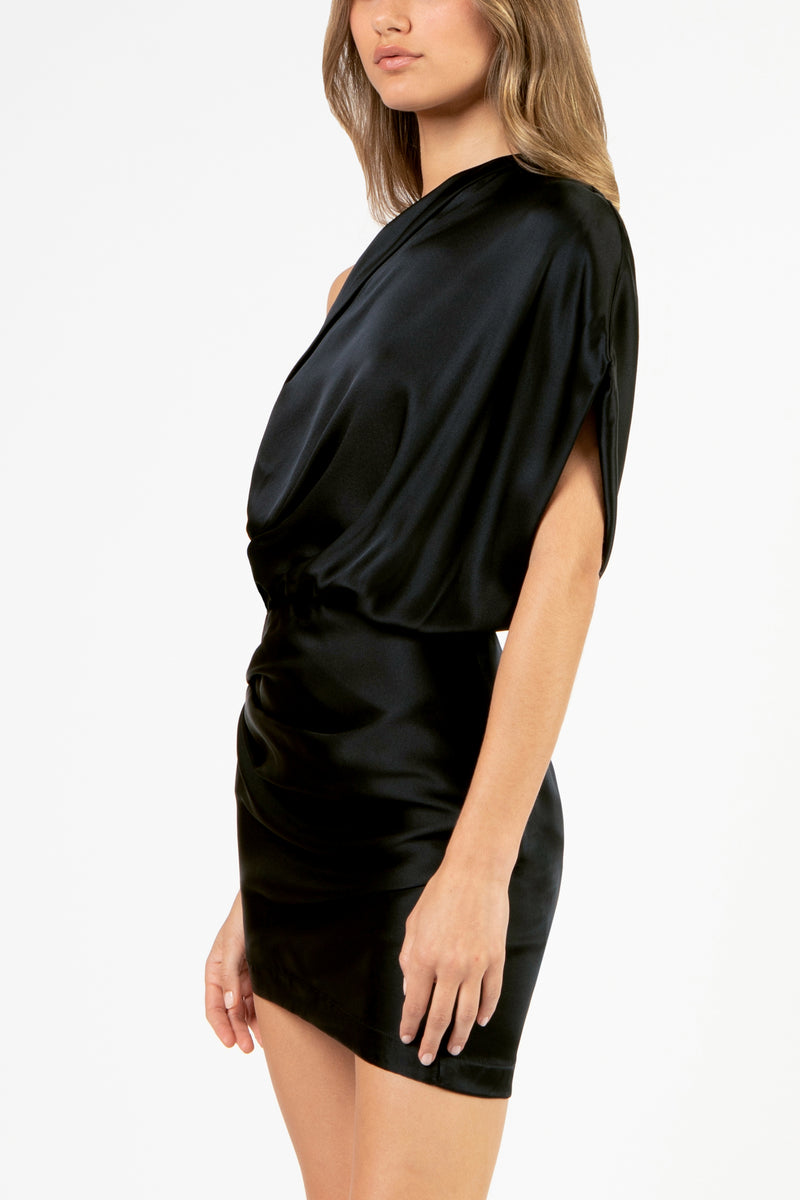 Asymmetrical draped mini dress - black