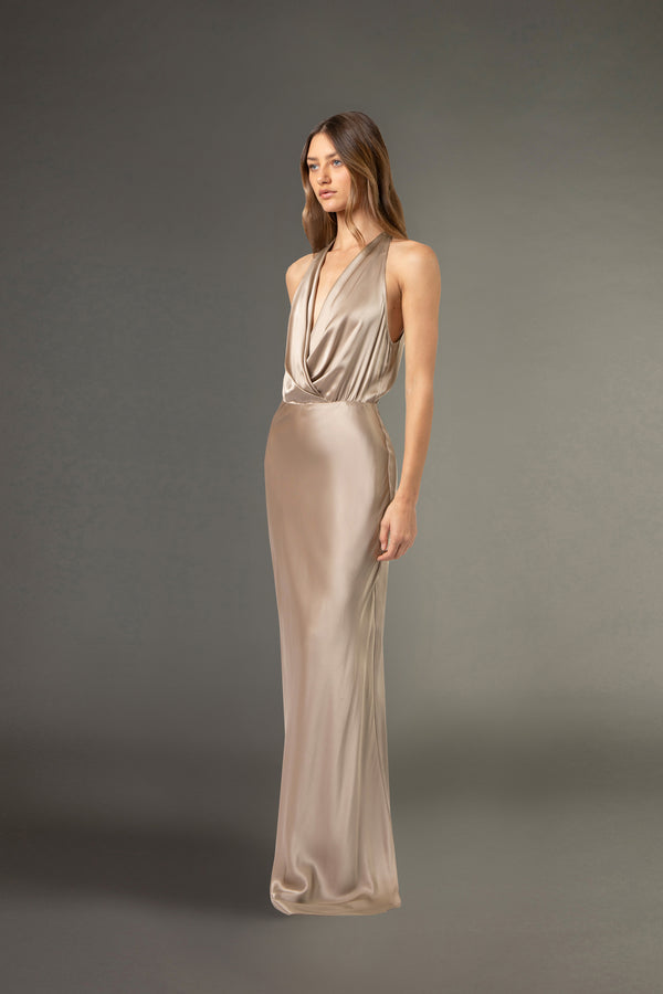 Halter draped gown - champagne