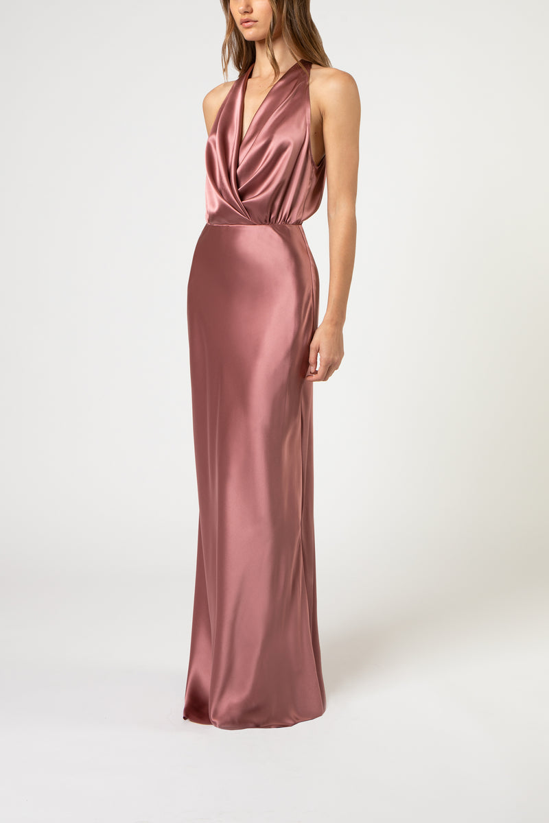 Halter draped gown - rosewood