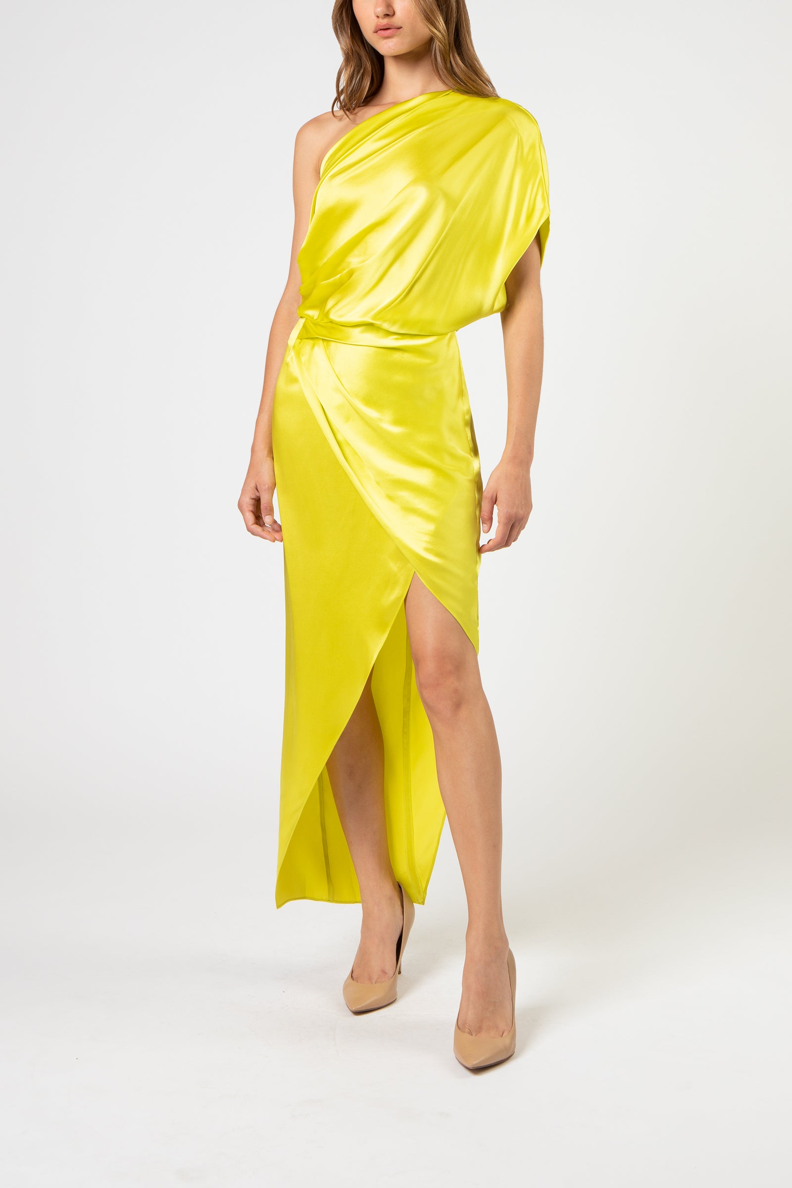 ASYMMETRICAL DRAPED MIDI DRESS - HIGHLIGHT – Michelle Mason