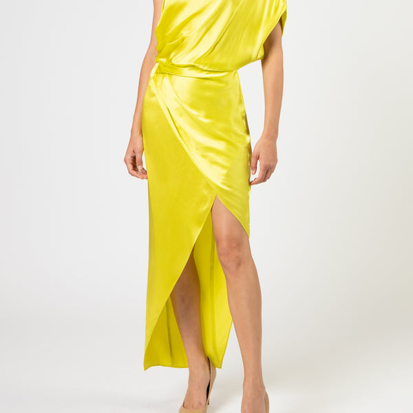 ASYMMETRICAL DRAPED MIDI DRESS - HIGHLIGHT – Michelle Mason