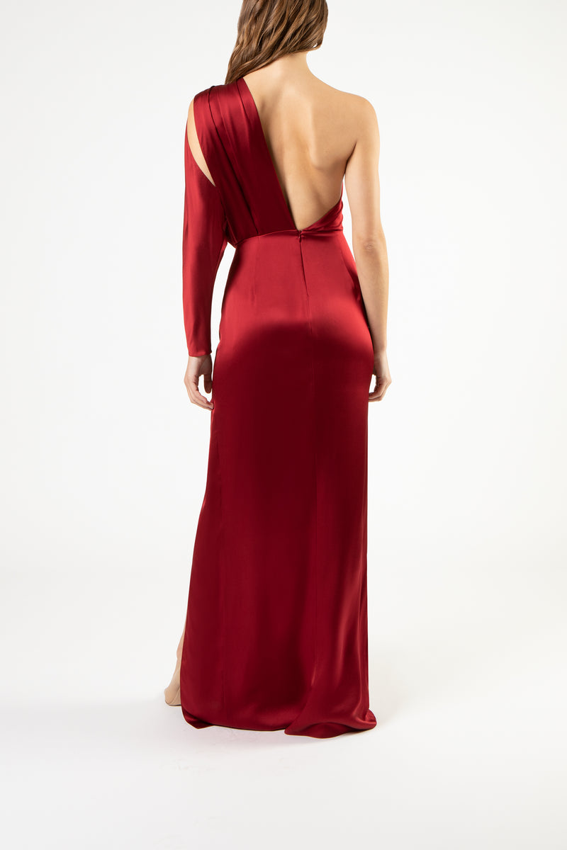 One sleeve open back gown - sangria