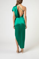 Asymmetrical open back draped midi dress - emerald