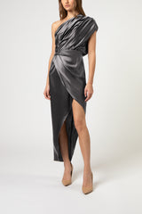 Asymmetrical open back draped midi dress - graphite
