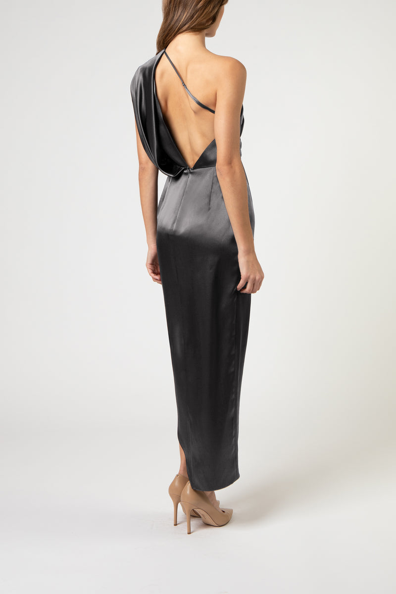Asymmetrical open back draped midi dress - graphite