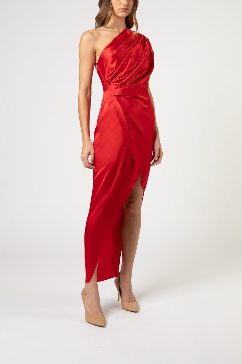 Asymmetrical open back draped midi dress - red