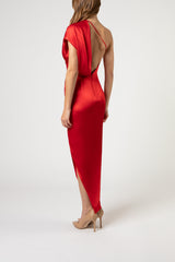 Asymmetrical open back draped midi dress - red