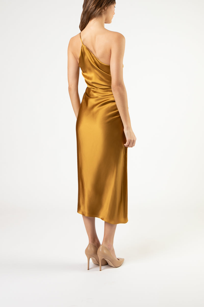 Asymmetrical ruched midi dress - bronze