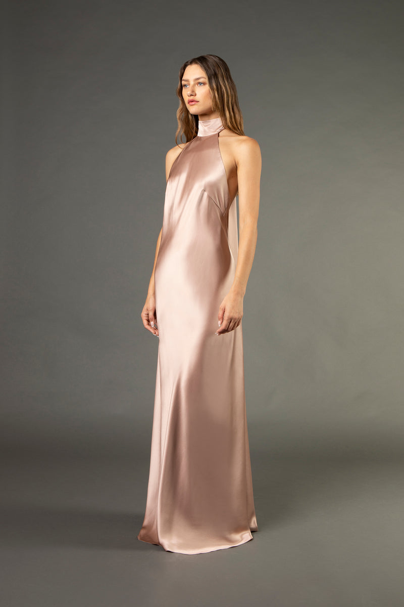 Halter tie neck backless gown blush – Michelle Mason