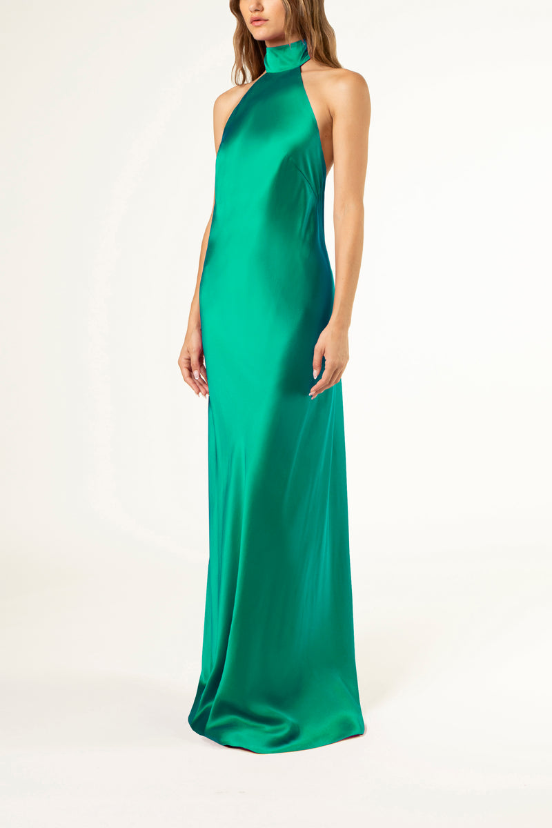 Halter tie neck backless gown - emerald Michelle Mason Halter tie neck backless gown - emerald Michelle Mason