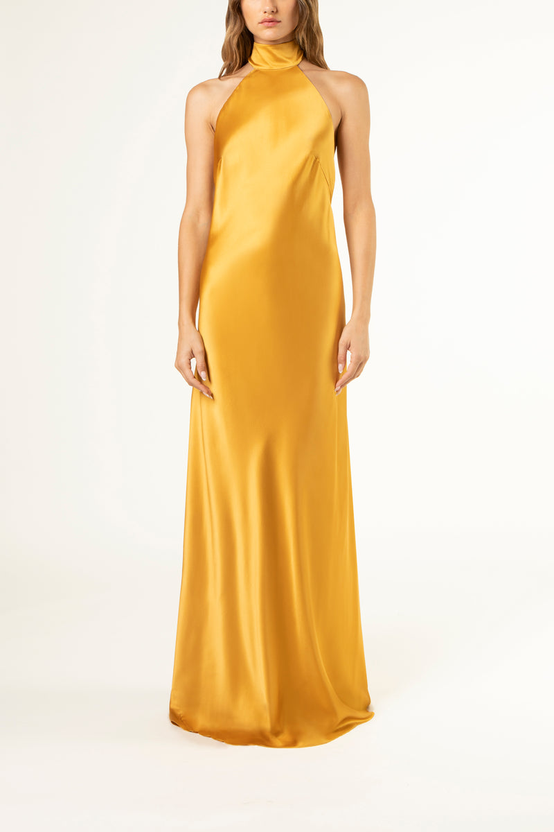 Halter tie neck backless gown - gold Michelle Mason Halter tie neck backless gown - gold Michelle Mason
