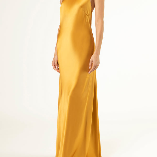 Halter tie neck backless gown - gold Michelle Mason Halter tie neck backless gown - gold Michelle Mason